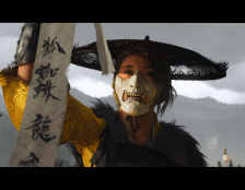 Atsu de Ghost of Yotei com o cinturão dos nomes dos seis de Yotei