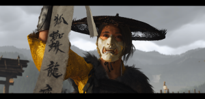 Atsu de Ghost of Yotei com o cinturão dos nomes dos seis de Yotei