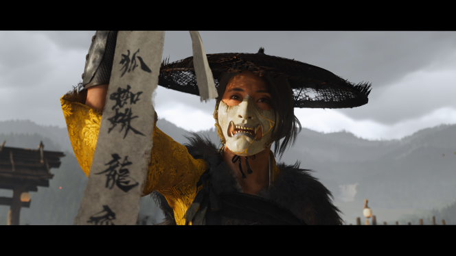 Atsu de Ghost of Yotei com o cinturão dos nomes dos seis de Yotei